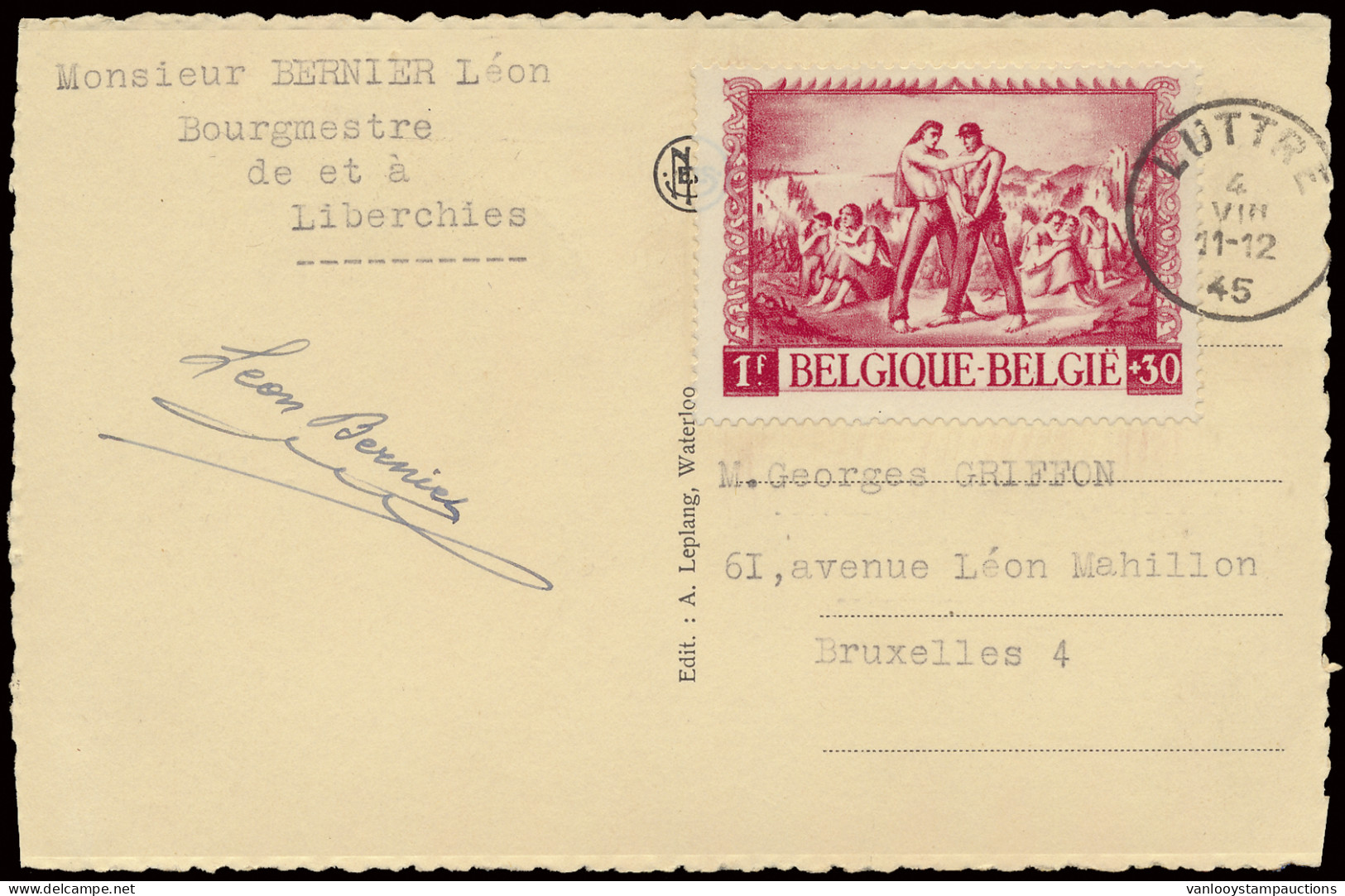 1945 N° 697 1fr. + 30fr. Rood Op ZK En Van Luttre 4.VIII.45 Naar Brussel, Zm (OBP €120) - Other & Unclassified