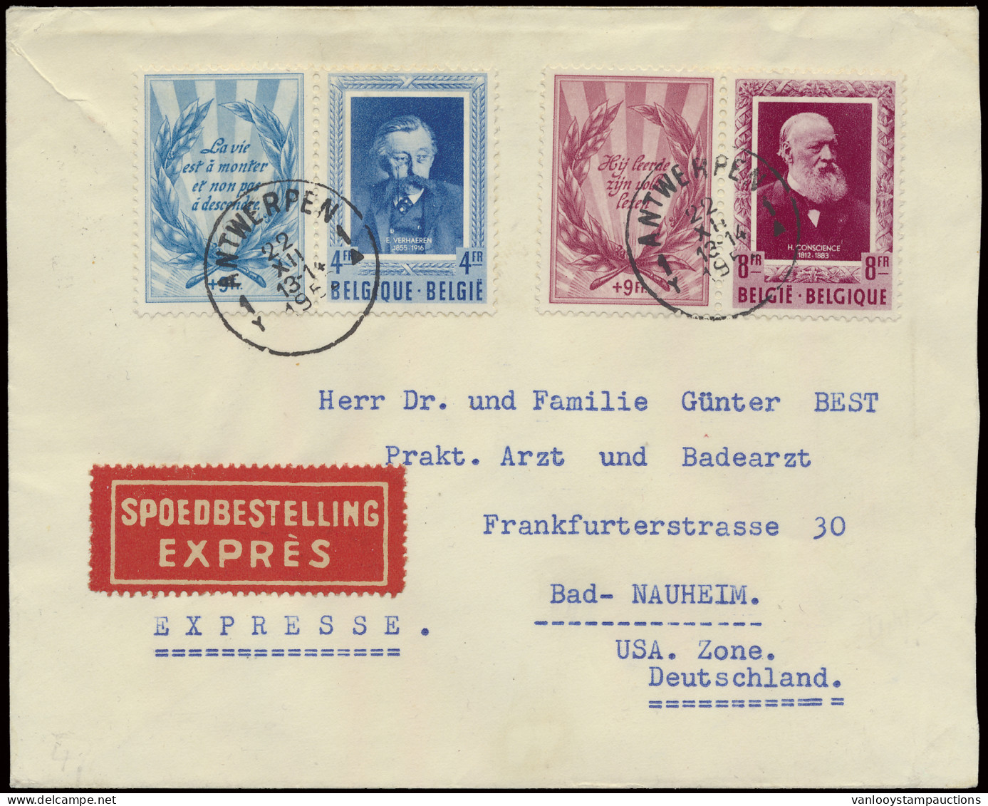 1952 N° 898/99 Volledige Reeks Op Filatelistische Express Brief Naar Bizone (USA)/Duitsland, Zm - Otros & Sin Clasificación
