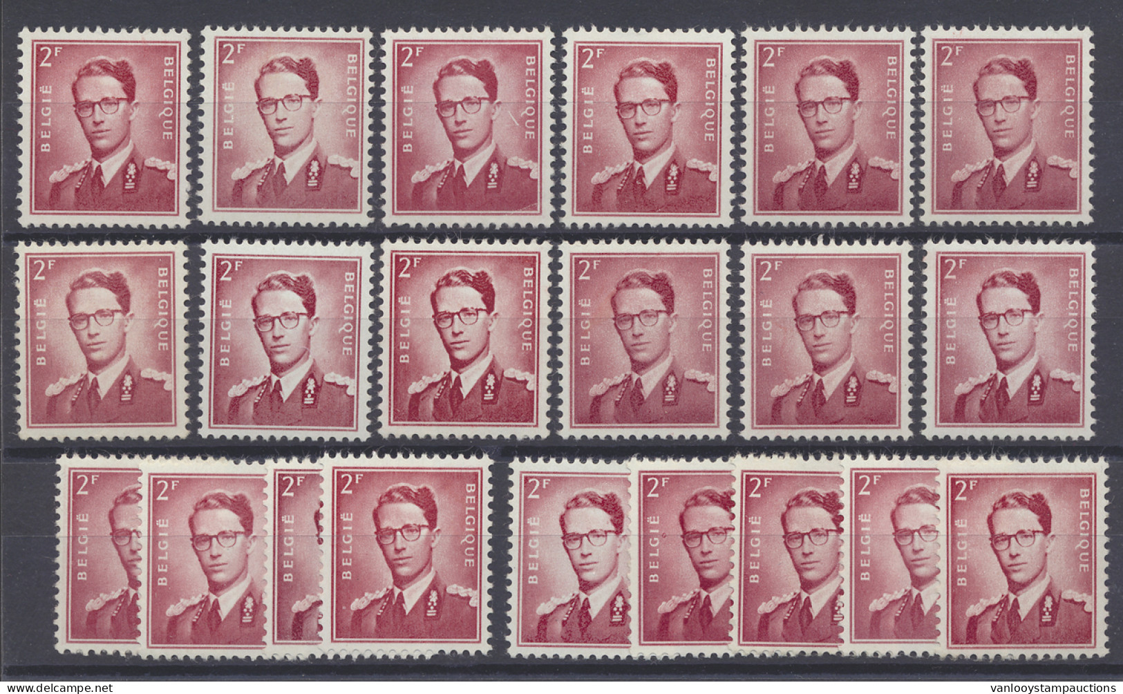 ** N° 925 Boudwijn 2fr. Karmijnroze, 20 Diverse Kleurnuances, Zm/m (OBP € 160) - 1953-1972 Anteojos