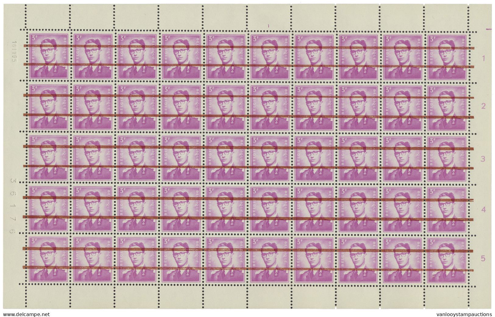 ** N° 1067 3fr. Lila, Wit Papier In Volledig Vel Van 50 Met Drukdatum 16.IV.65 En Plaatnummer 1 Met Rode Strepen Ontwaar - 1953-1972 Anteojos