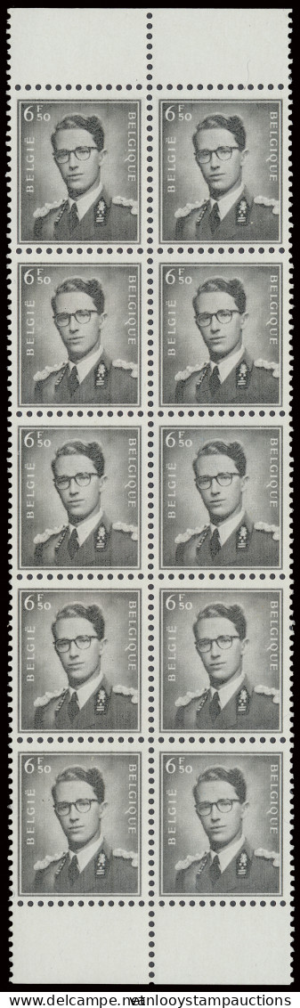 ** N° 1069A 6,50fr. Grijs In Veldeel Van 10 (1 Zegel Met Gomvlekje), Zm/m (OBP €1.050) - 1953-1972 Glasses