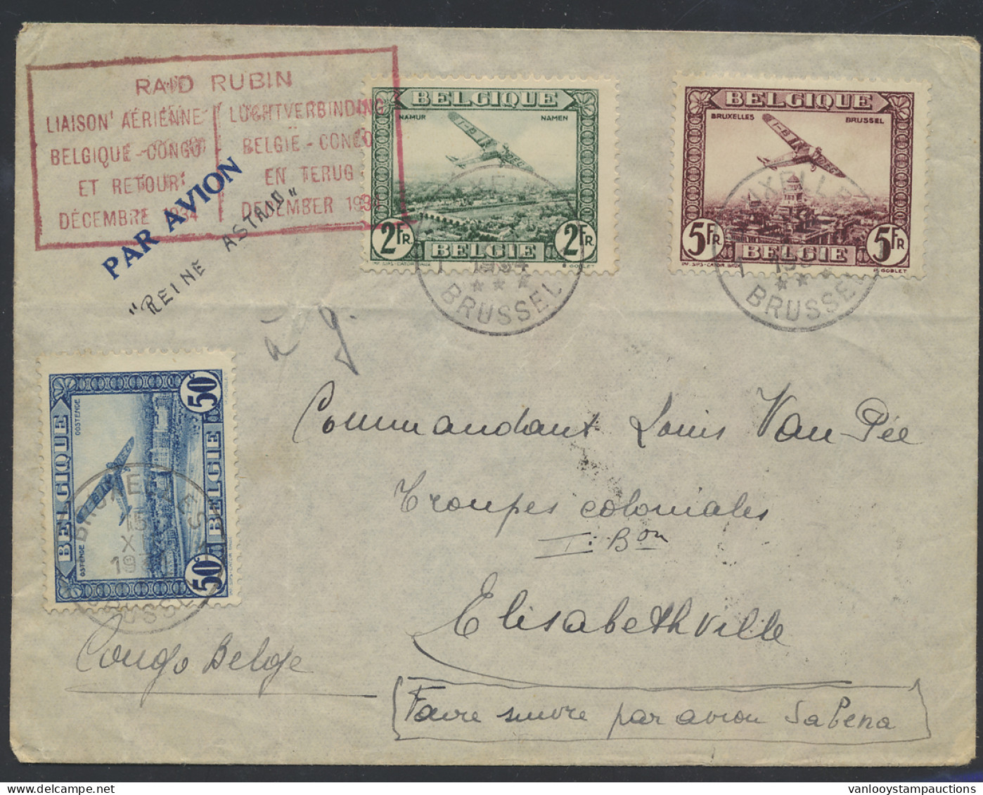 1934 PA 1, PA 3 En PA 5, Brief Vanuit Brussel (tweetalige Stempel) Naar Elisabethville. Vlagstempel (in Rood) RAID RUBIN - Autres & Non Classés