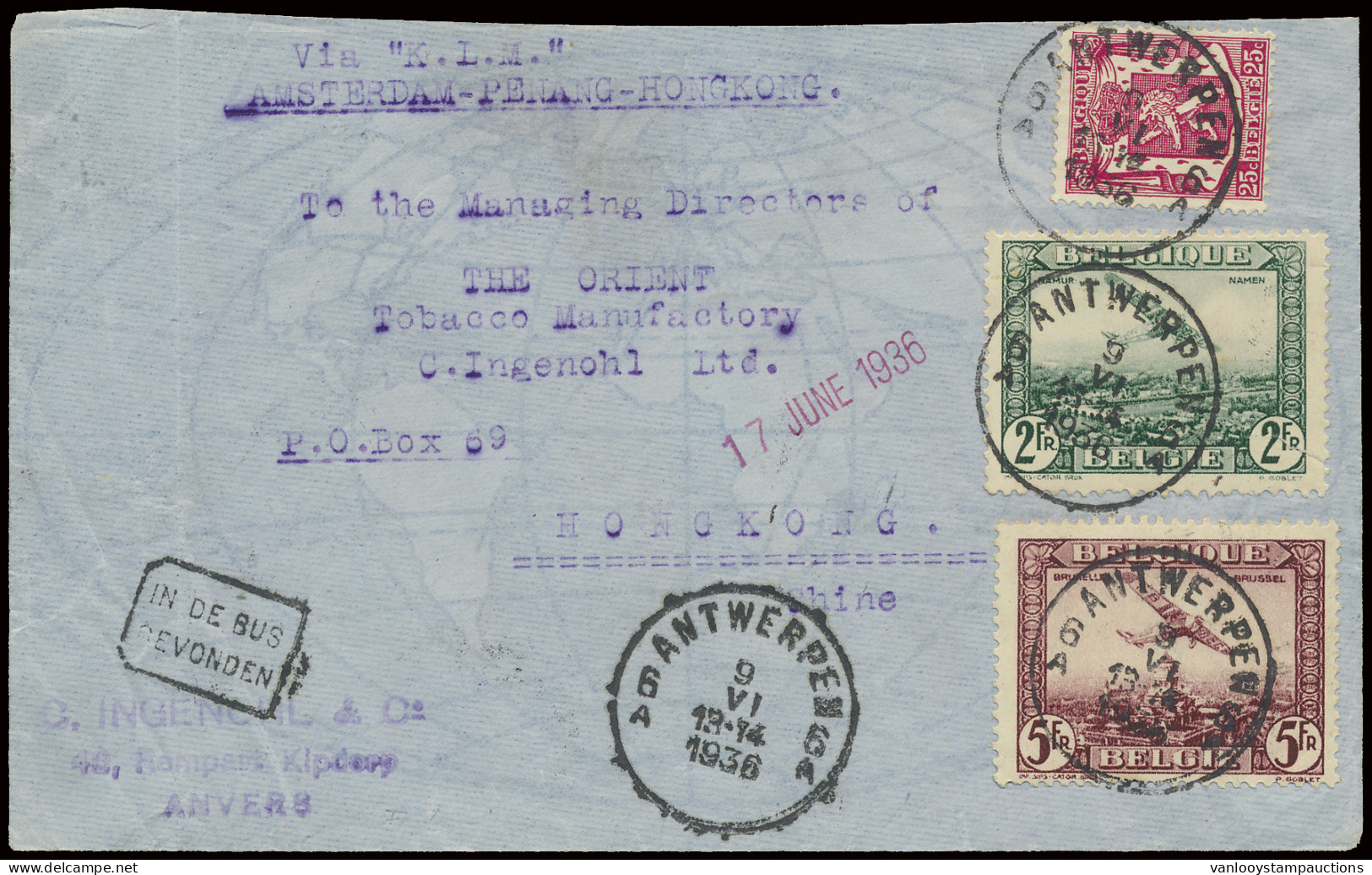 1936 N° 423, PA 3 En PA 4, Op Brief Vanuit Antwerpen, Afstempeling 6A Antwerpen 6A, Dd. 9 VI 13-14 1936, Naar Hongkong,  - Sonstige & Ohne Zuordnung