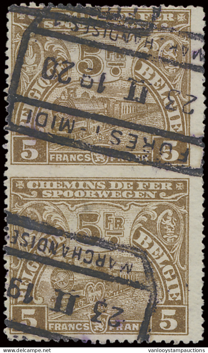 TR 98-Cu Londen-uitgifte - 5fr. Sepia In Verticaal Paar, Ongetand Tussen De Zegels Met Stempel Forest-Midi/Marchandises  - Autres & Non Classés