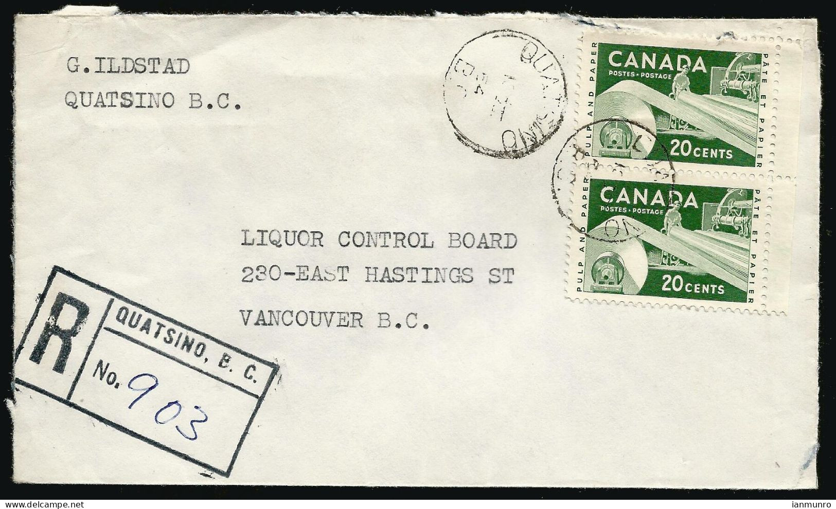 1964 Registered Cover 40c Paper Pair CDS Quatsino BC To Vancouver - Histoire Postale