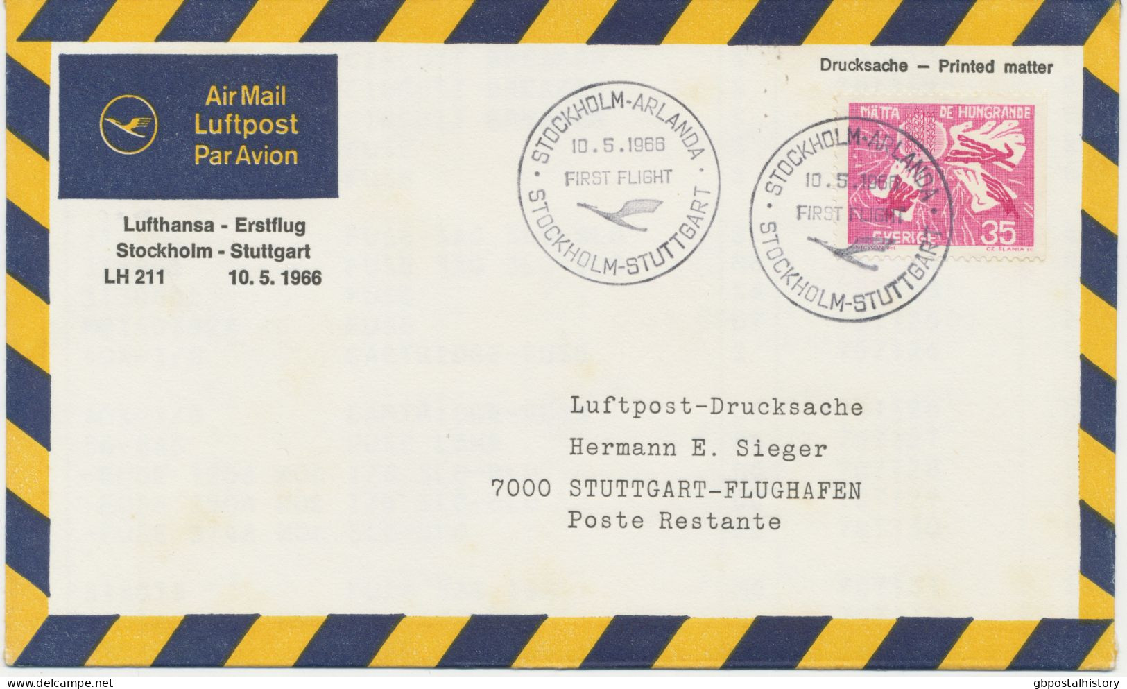 SCHWEDEN 10.5.1966, Erstflug Deutsche Lufthansa Mit Boeing 727 „STOCKHOLM – STUTTGART“ (Hab.848/Sie.415) - Brieven En Documenten