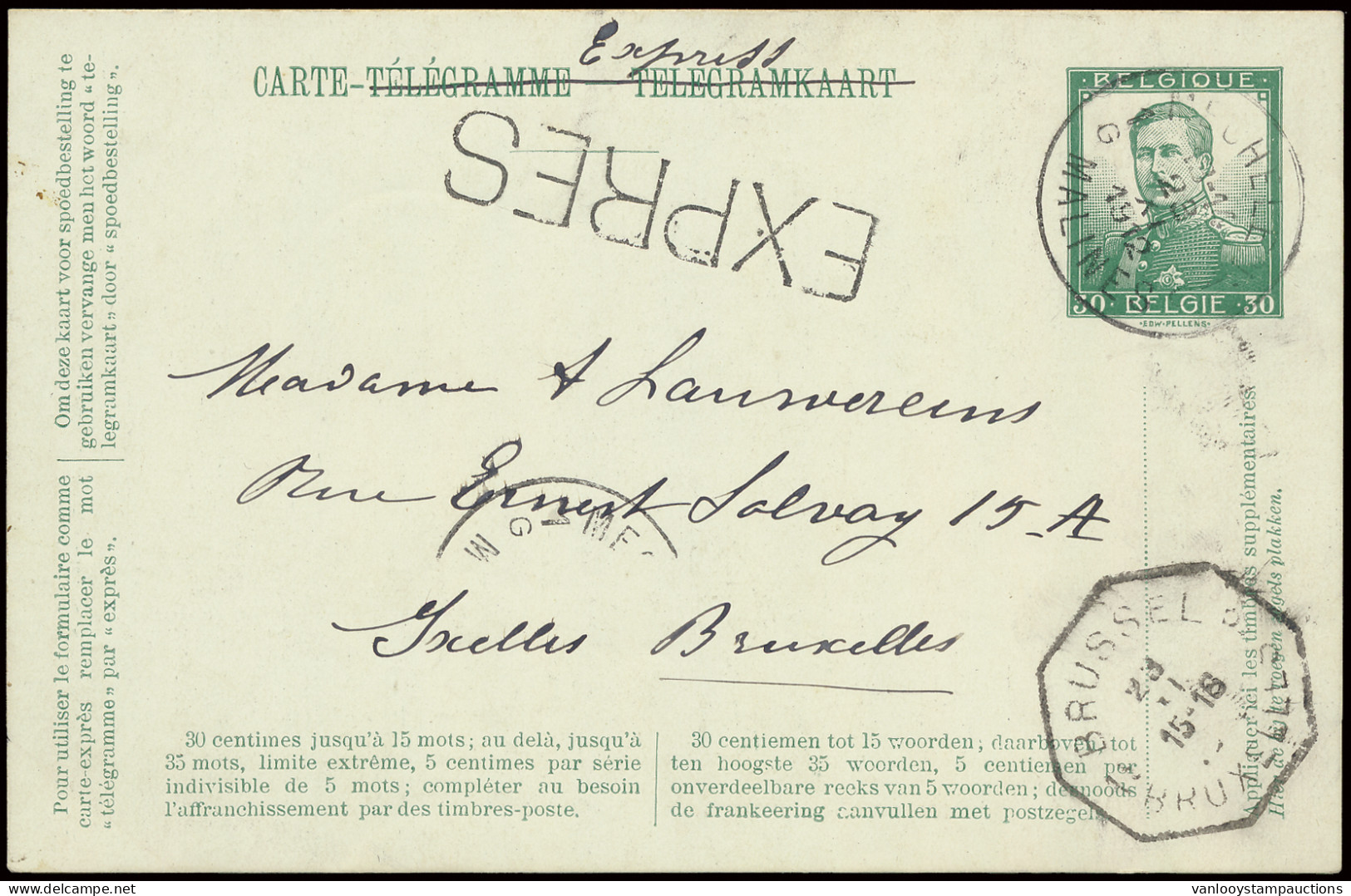 Telegramkaart 17, 1912 (15 Mei) Type Pellens (140 X 90 Mm), 30 Cent Groen Op Lichtgroen, Met Expres Stempel En Manuscrip - Timbres Télégraphes [TG]