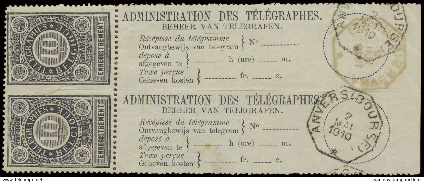 */(*)/0 RT 1a 10c. In Verticaal Paar, Ongetand In Het Midden!, Zegels Defect En Roestvlekje Op Onderste Strook, Stroken  - Timbres Télégraphes [TG]