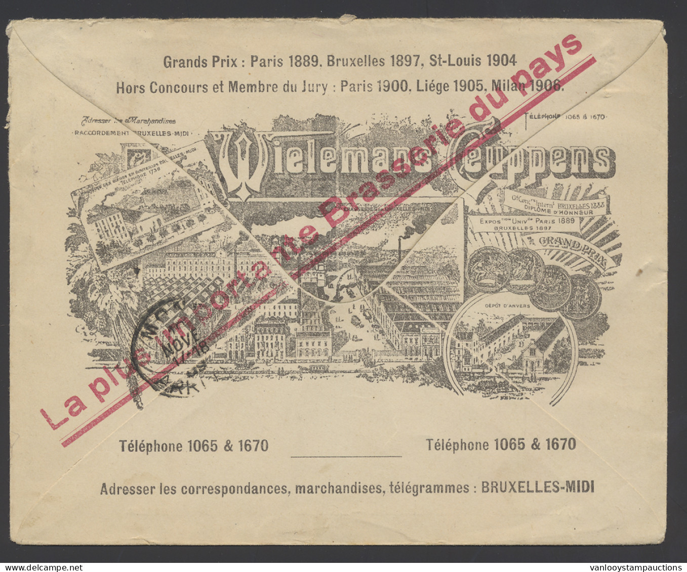 Grove Baard Postkaart 10c. Rood, Grand Prix: Wielemans Cuppens, La Plus Importante Brasserie Du Pays (opdruk), Zm - Other & Unclassified