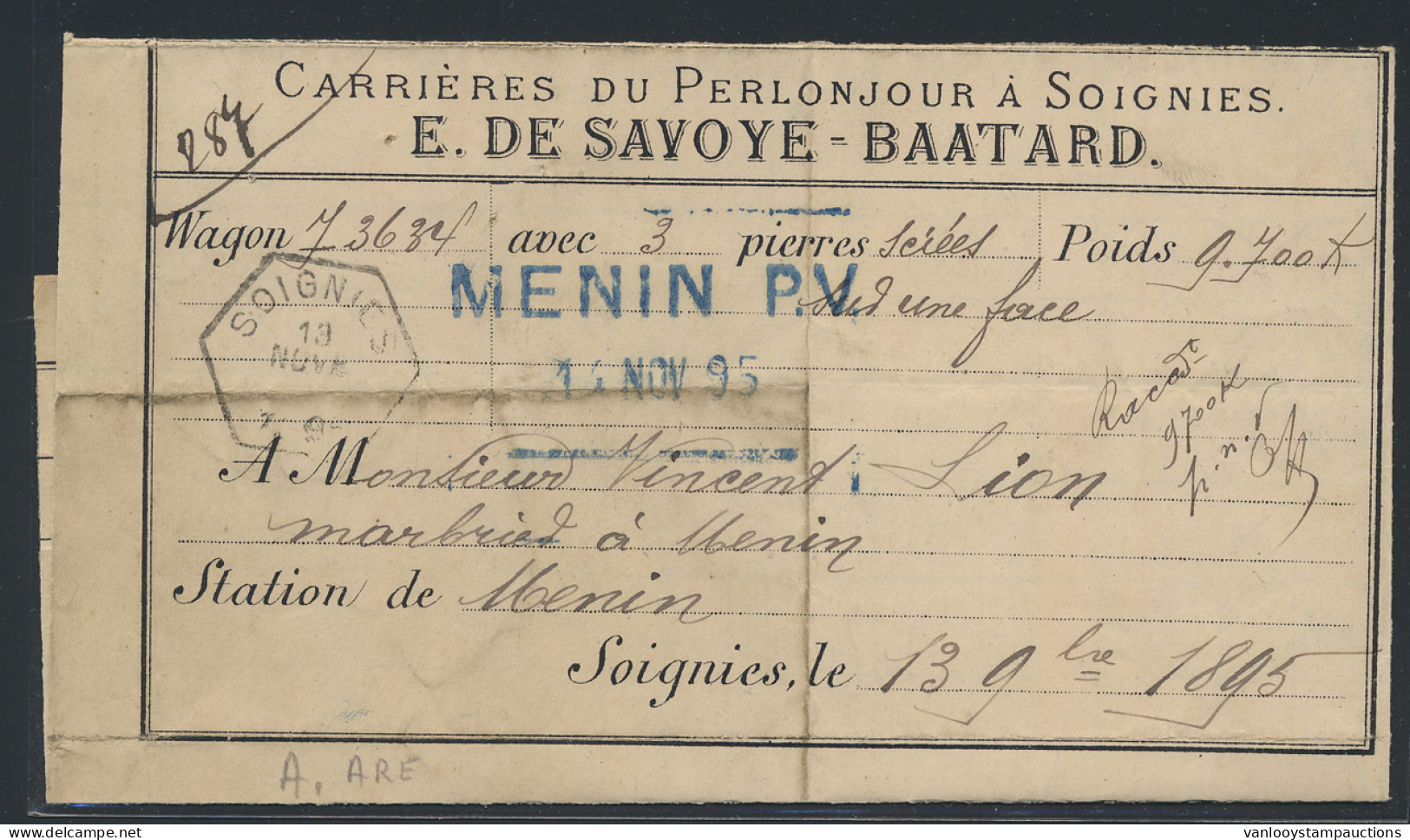 1895 Brief Van Station De Soignies (zeshoekige Stempel) 13.11.1895 Naar Menin (blauwe Stempel Op Twee Lijnen MENIN 13 NO - Autres & Non Classés