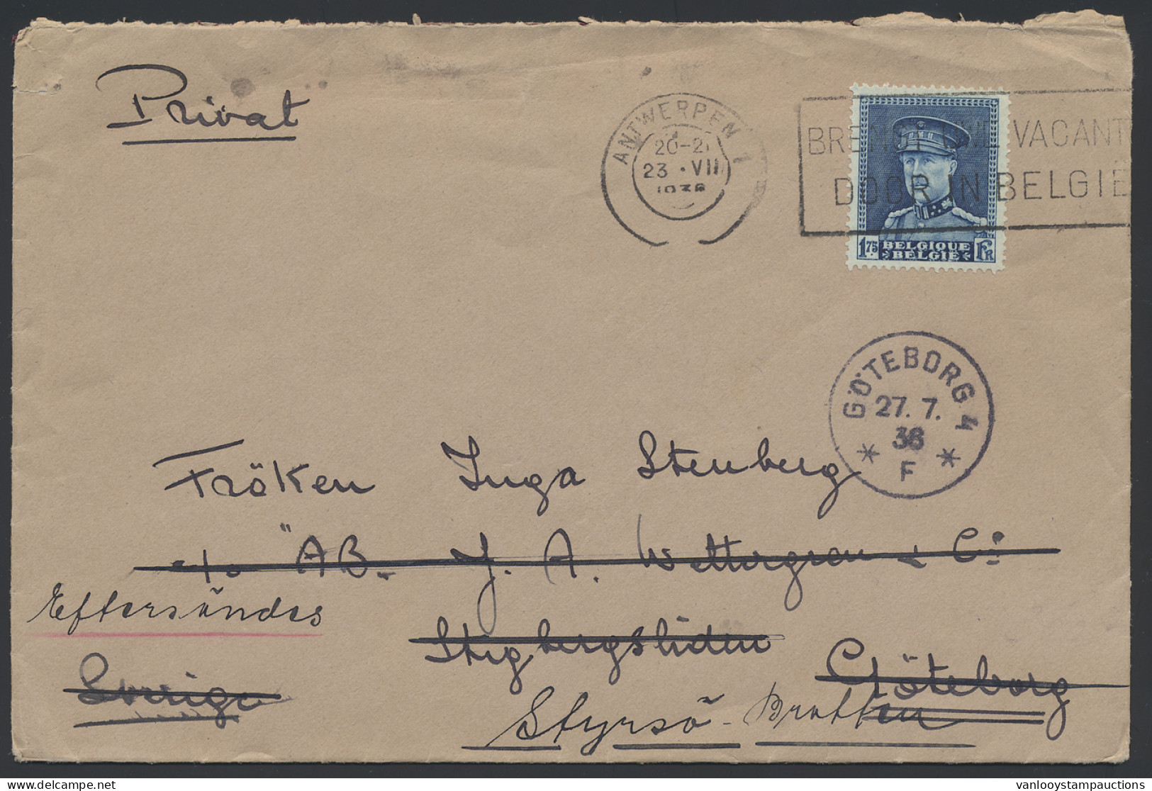 1938 N° 320 1.75fr. Blauw, Op Brief, Vanuit Antwerpen, Dd. 23-VII-1938, Naar Göteborg (Zweden) Brief Is Doorgezonden, Vl - Other & Unclassified