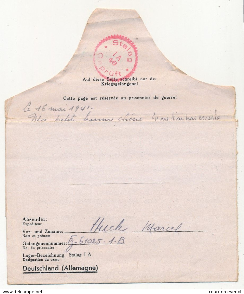 Lettre Depuis Le Stalag 1A - Censure Rouge "Stalag 1 A 46 Geprüft" - Mai 1941 - Guerre De 1939-45