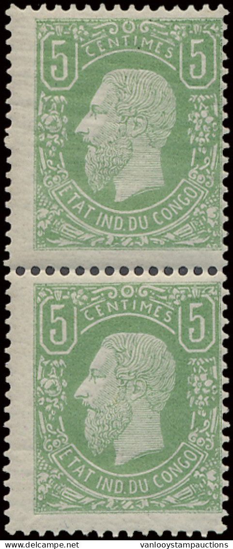 ** N° 1 5c. Green In Vertical Pair, Off Centre To The Right, MNH, Vf (OBP €180) - 1884-1894