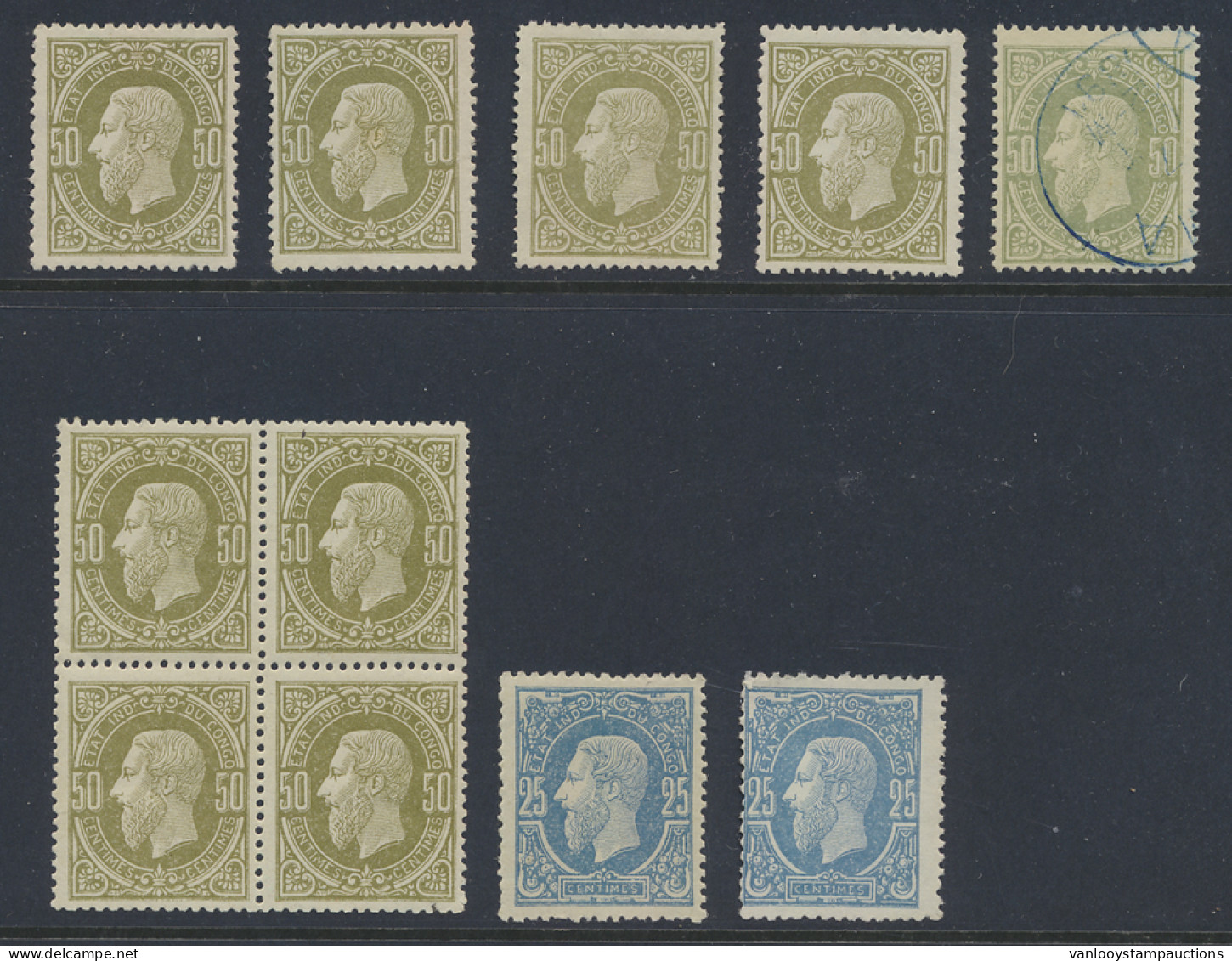 **/(*)/0 Type 3 (2x) And Type 4 (5x + Block Of 4) 25c. Blue And 50c. Reseda - Lenoir FORGERIES, To Be Checked - 1884-1894