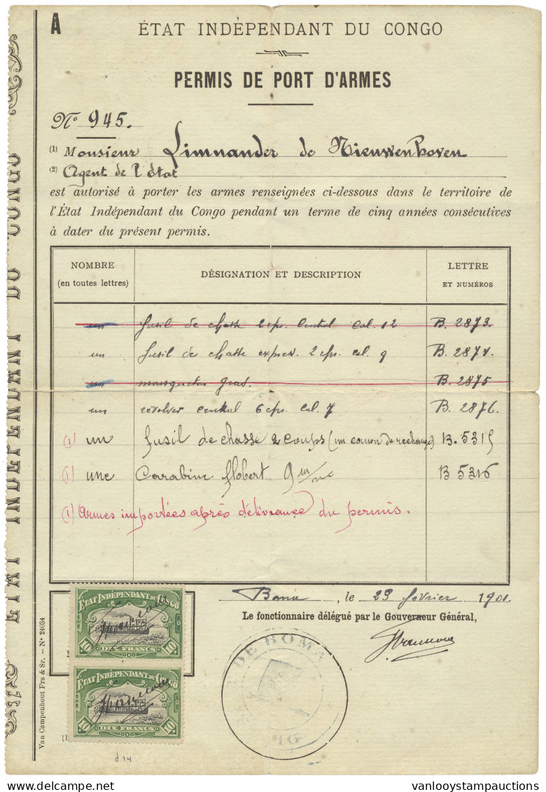 1901, Weapons License Form Type A (only For Europeans), Done In Boma February 1901 With Flag Cachet District De Boma Cor - Other & Unclassified