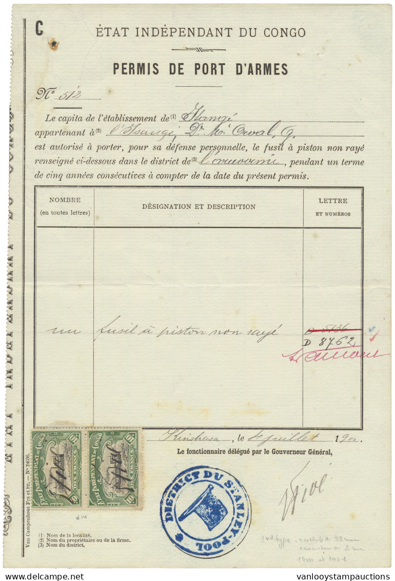 1900, Weapons License Form Type C (only For Capita De Plantation), Done In Kinshasa July 4, 1900 With Flag Cachet Distri - Autres & Non Classés