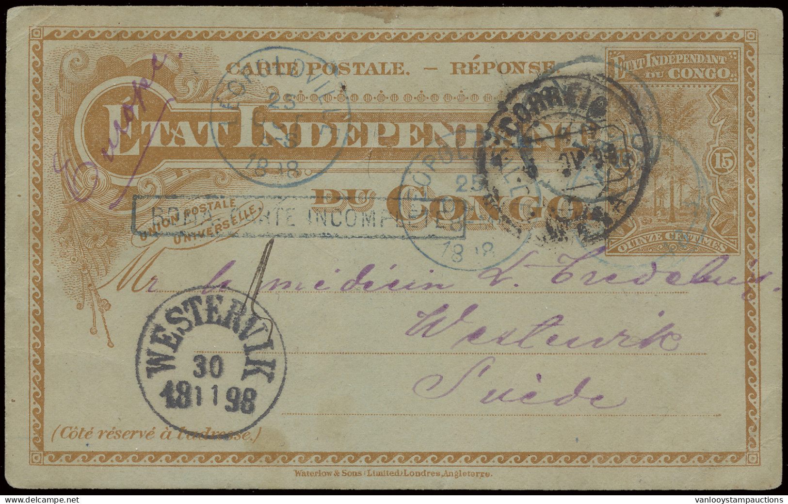 1898, Lado - Congo River Route, Postal Stationery Catalogue Stibbe N° 17 Reply Part BOMA CPI, (written By Erik Fredelius - Other & Unclassified