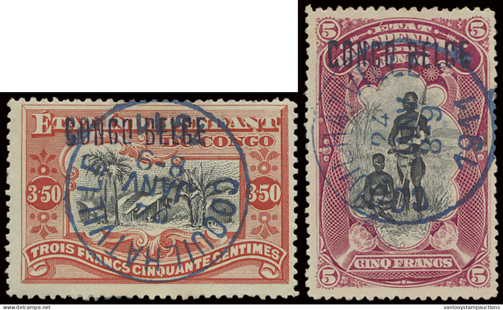 N° 37L1 And 38L1 3,50Fr. Vermilion And 5Fr. Carmine With Local Overprint CONGO BELGE Type L1, Both Cancelled COQUILHATVI - Sonstige & Ohne Zuordnung