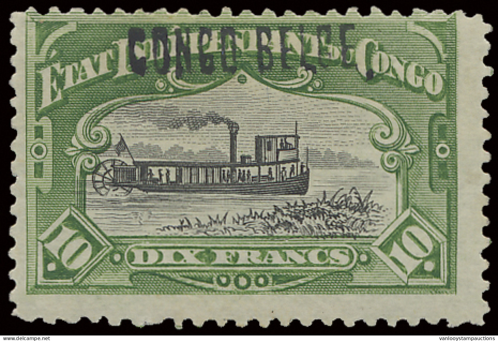 * N° 39L1-Cu1 10Fr. Green With Local Overprint CONGO BELGE Type 1 And With Curiosity Of Centre Boat Wheel Touching Frame - Autres & Non Classés