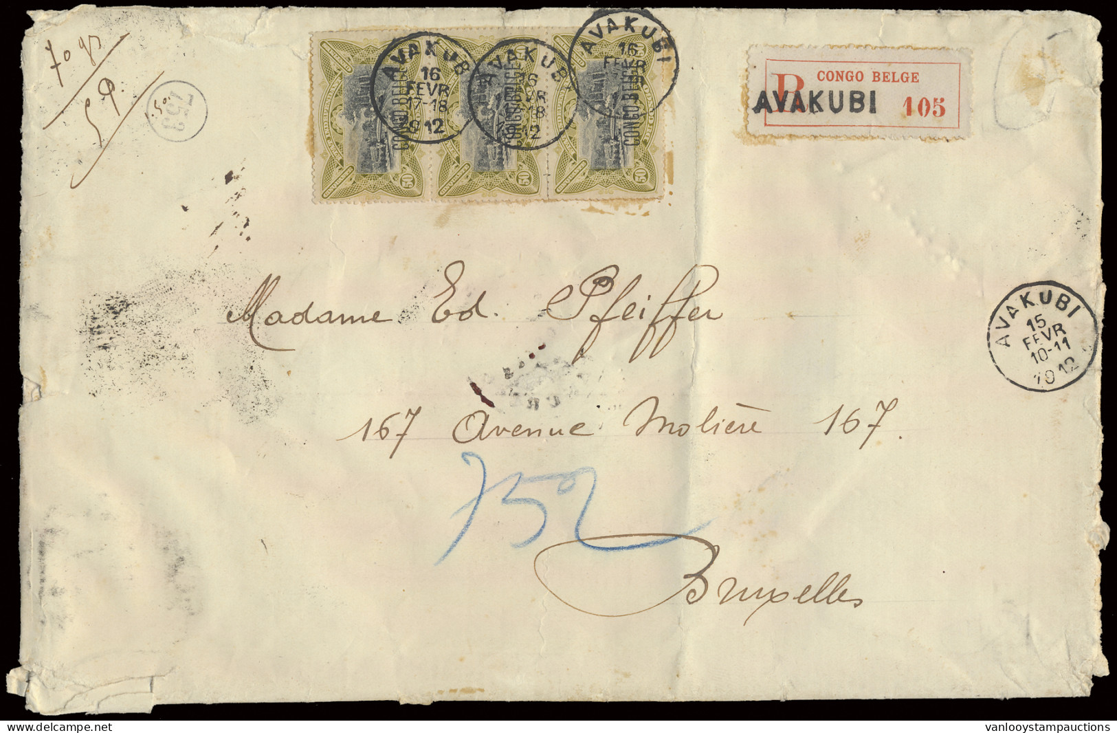 1912 N° 45 (vertical Strip Of 3 Stamps) 50c. Olive With Typo Overprint CONGO BELGE On Heavy Registered Cover (70gr.) Sen - Other & Unclassified