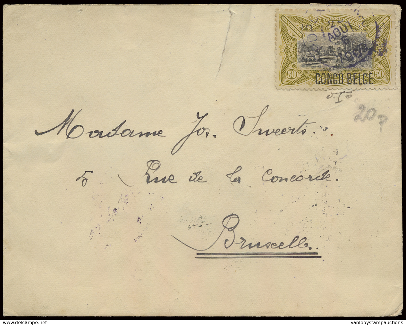 1909, Cover Franked With OBP N° 45PT 50c. Olive - Prince Issue - Position #20 Of The Sheet With Typo Overprint CONGO BEL - Otros & Sin Clasificación