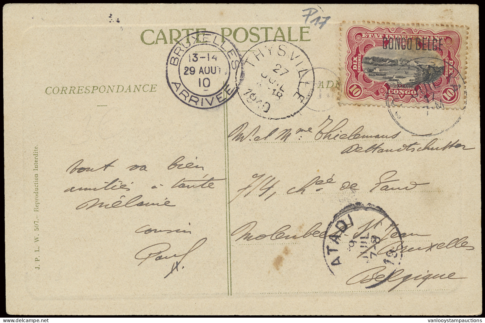 1910, Picture Postcard, Franked With OBP N° 41PT 10c. Carmine - Prince Issue - Position #17 Of The Sheet With Typo Overp - Autres & Non Classés