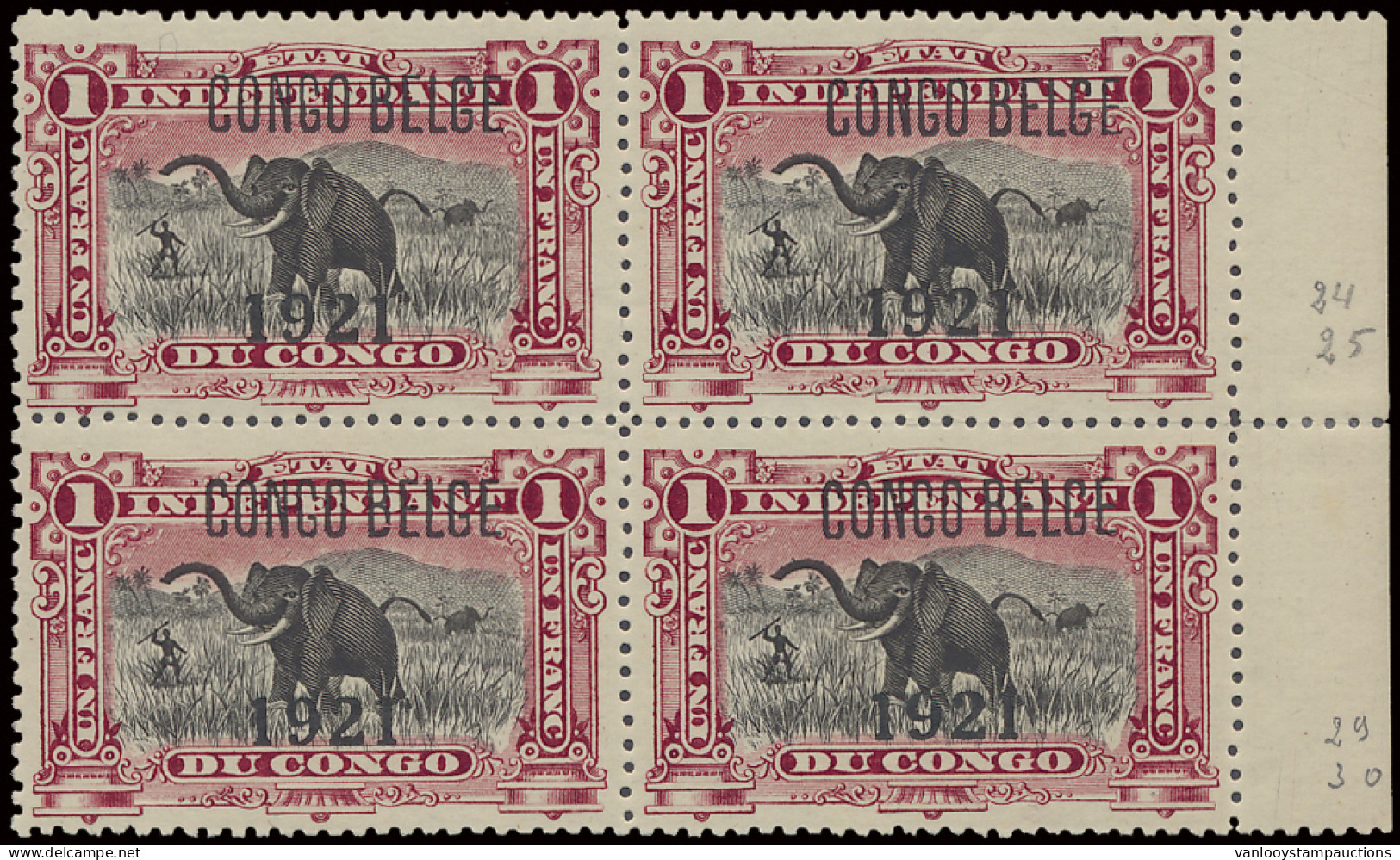 ** N° 91B 1Fr. Carmine - Prince Issue With Typo Overprint CONGO BELGE And 1921, In Block Of 4 (plate I2+A2 Position 24/2 - Other & Unclassified