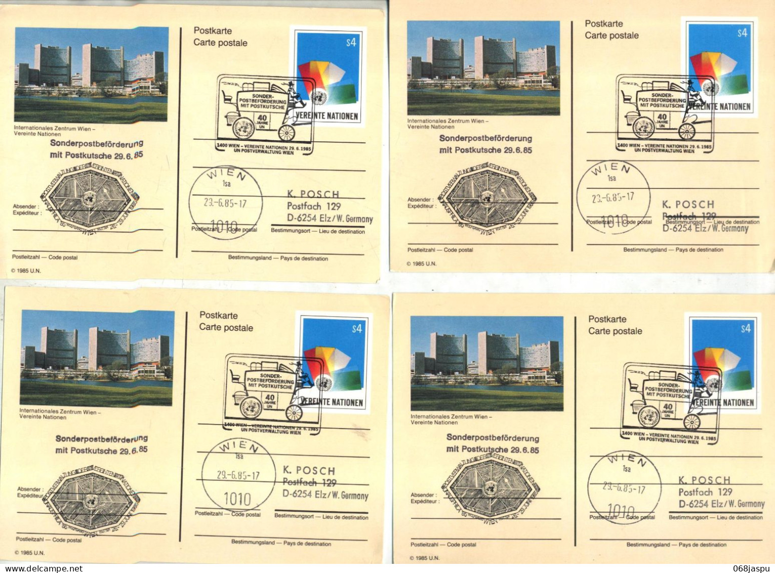 Carte Postale 4 Logo Cachet Wien + Expo Onu  Par Diligence - Brieven En Documenten