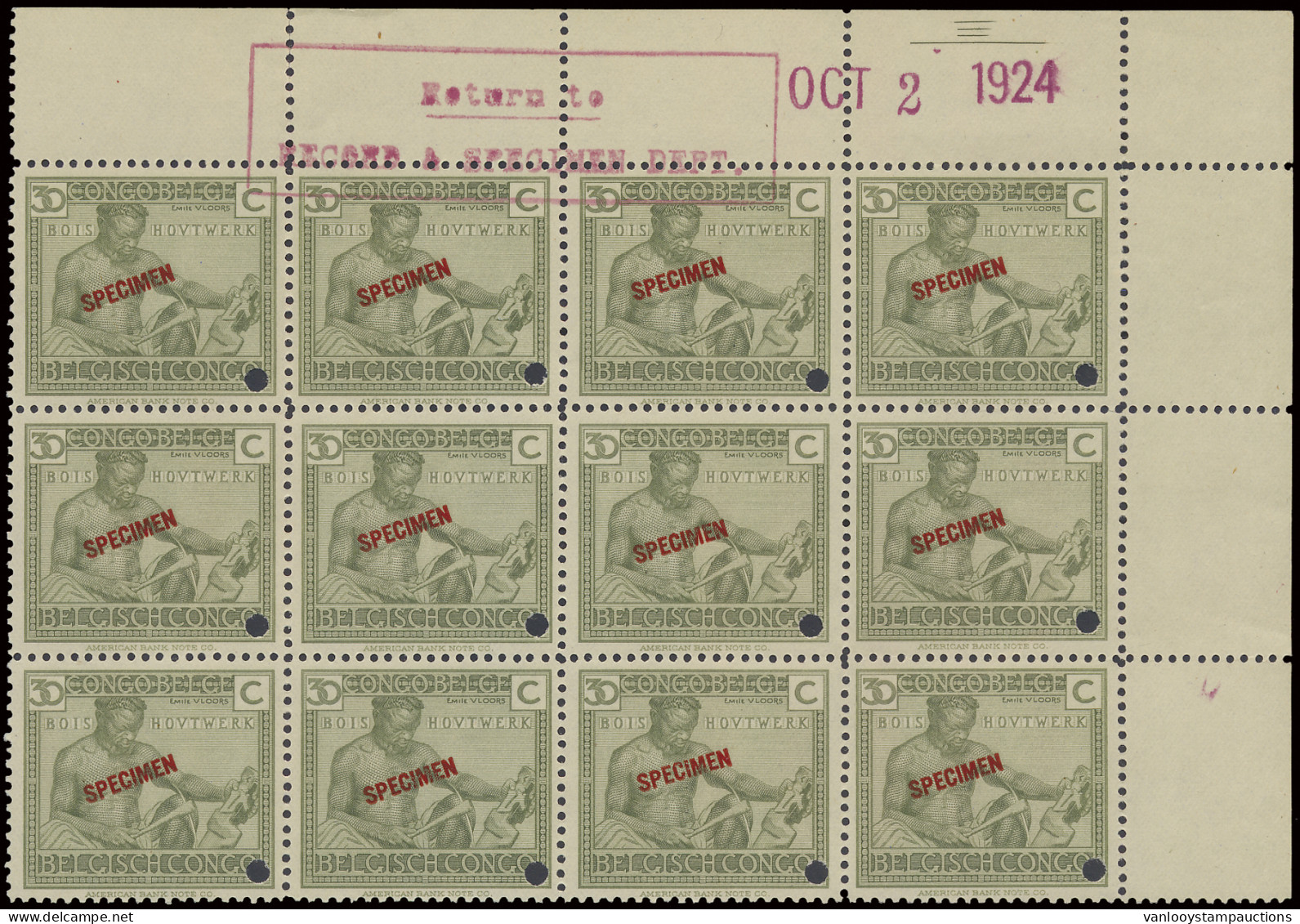 ** N° 119 1925 - Vloors Issue With SPECIMEN Overprint In Red And Punched Hole, Block Of 12, Top Right Corner With All Se - Other & Unclassified