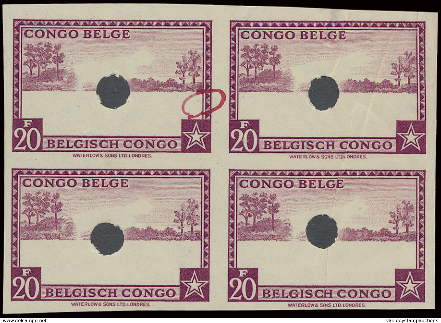 Type 238, 256, 257 And 267 1,25fr., 75c., 1fr. And 20fr. - Palms Issue In Block Of 4, Proof Without Centre With Punched  - Other & Unclassified