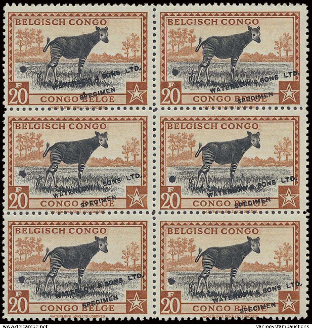 ** Type 246 (block Of 6) 20fr. Orange Brown And Black - Publicity Colour Proof With Demonetization Hole (misplaced To Th - Autres & Non Classés