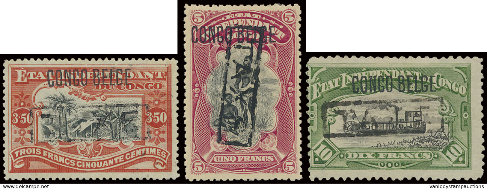 * TX 24/26 3,50fr. Vermilion, 5fr. Carmine, 10fr. Green Perf 12 With Typo Overprint CONGO BELGE And With Framed TAXE Ove - Autres & Non Classés