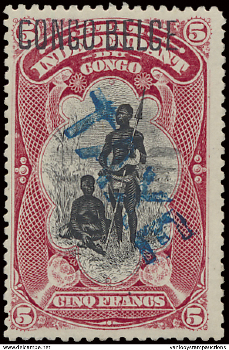 ** N° 48PT 5Fr. Carmine - Prince Issue Position #1 With Typo Overprint CONGO BELGE And With Lined TAXE In Blue (Du Four  - Other & Unclassified