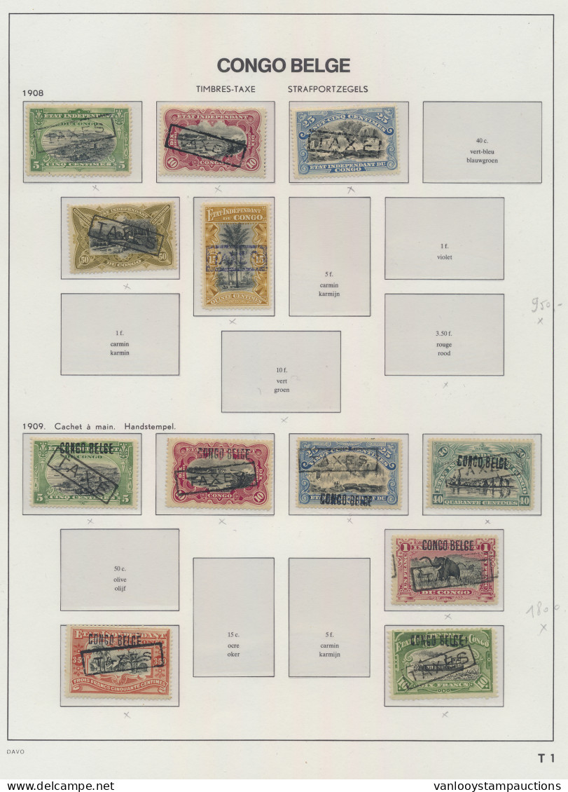 **/*/(**) 1908/1915 Small Collection On 3 Davo Album Pages Of Belgian Congo Mols Issues With Framed TAXES Overprints, 2  - Autres & Non Classés