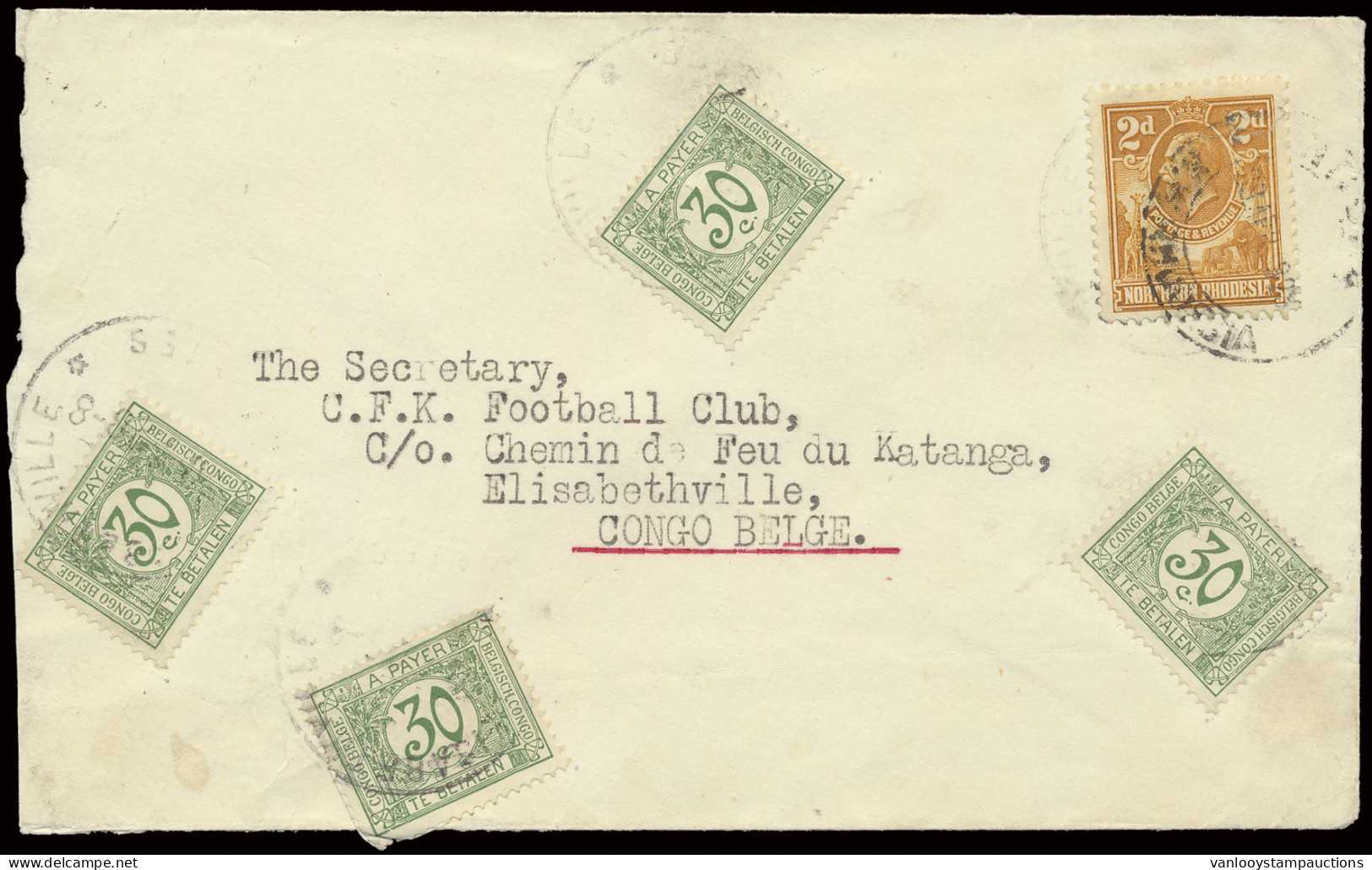 1928 Cover Sent From North Rhodesia April 28, 1928 To Elisabethville / Belgian Congo Where It Arrived April 29, Taxed At - Other & Unclassified