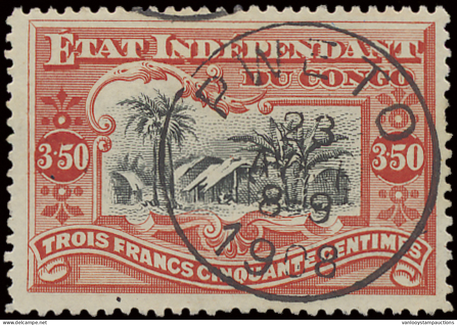 PWETO On OBP N° 27 3,50Fr. Vermilion - Mols Congo Free State Issue, Cancelled  April 23, 1908 In Black, One Tooth Missin - Autres & Non Classés