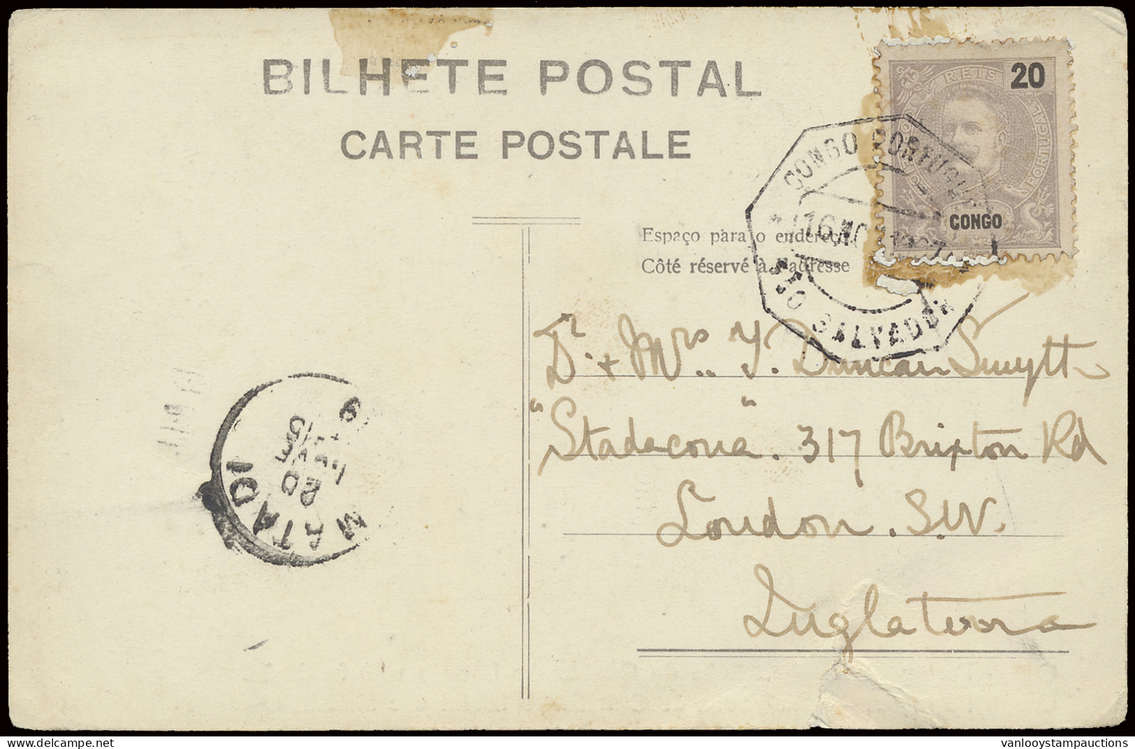 1907, Picture Postcard Franked With Portuguese Congo Yv. N° 18, Sent From Sao Salvador November 16, 1907 To London/Great - Other & Unclassified