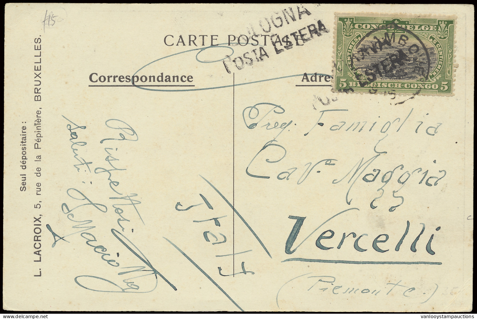 1915, Picture Postcard Franked With OBP N° 54 5c. Green - Mols Bilingual 1910 Issue, Sent From Kambove In 1915 To Vercel - Autres & Non Classés