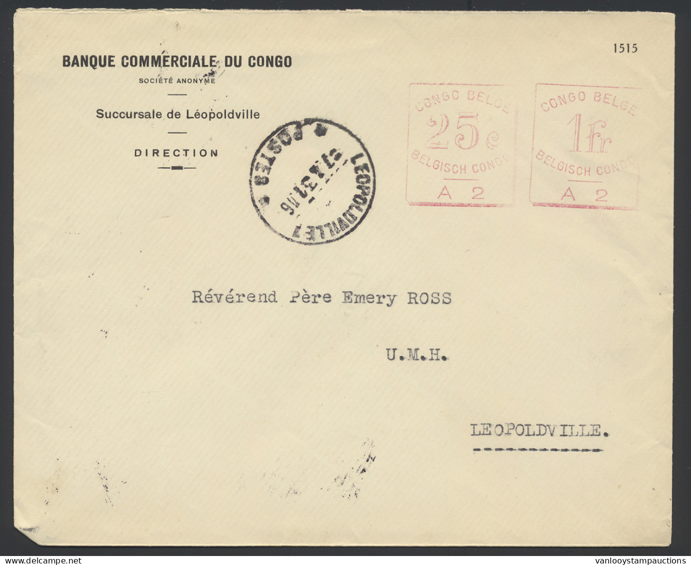 1931 Cover Franked With Red Mechanical Franking Mark 25c. - A2 And 1fr. - A2, Sent From Leopoldville April 7, 1931 To A  - Other & Unclassified