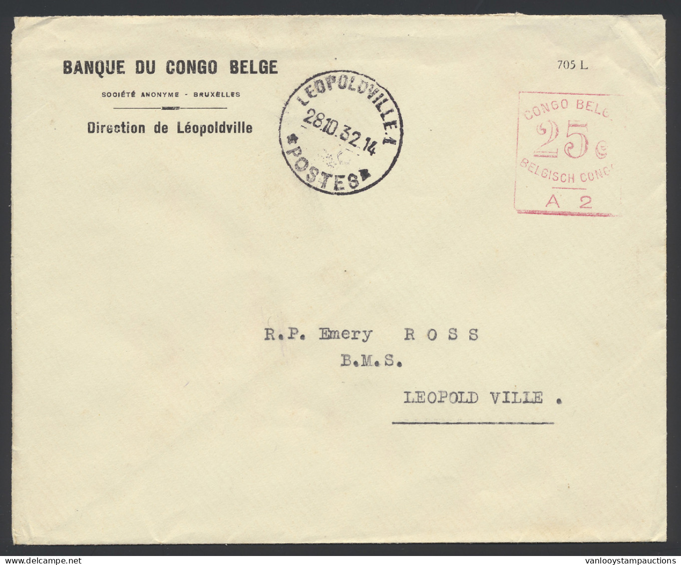 1932 Cover Franked With Red Mechanical Franking Mark 25c. - A2 And Bent From Leopoldville On October 28, 1932 To The BMS - Sonstige & Ohne Zuordnung