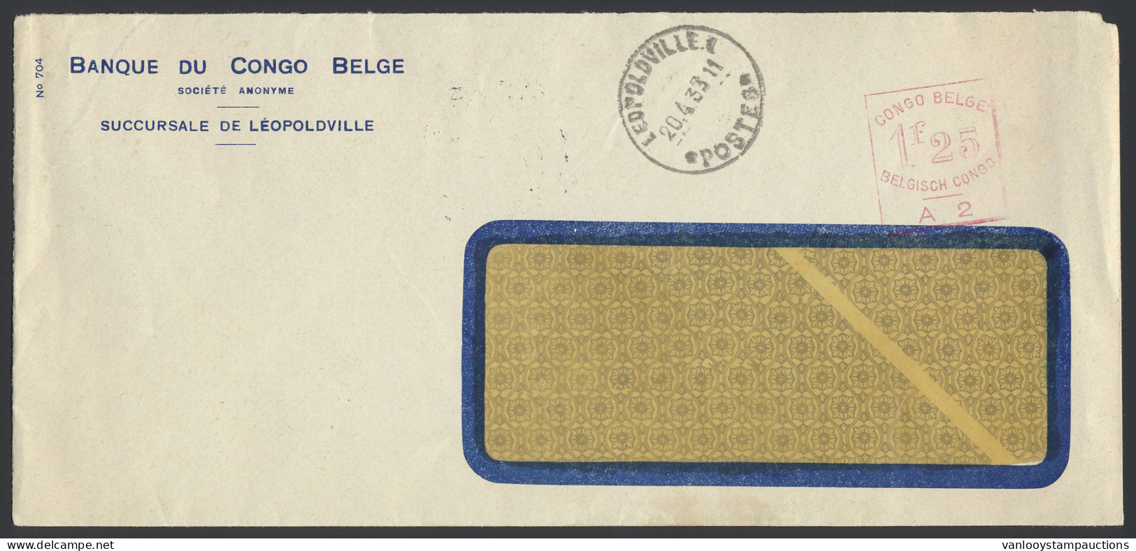 1933 Cover Franked With Red Mechanical Franking Mark 1,25fr. - A2 Sent From Leopoldville April 20, 1933 (domestic Rate), - Autres & Non Classés