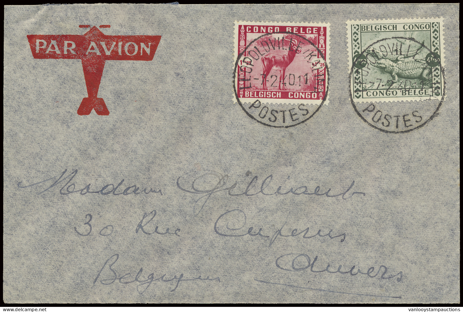 1940, Airmail Cover, Franked With OBP N° 210 And 212 1,25Fr. + 1,25Fr. And 4,50Fr. + 4,50Fr. - Zoo Issue, Sent From Leop - Autres & Non Classés