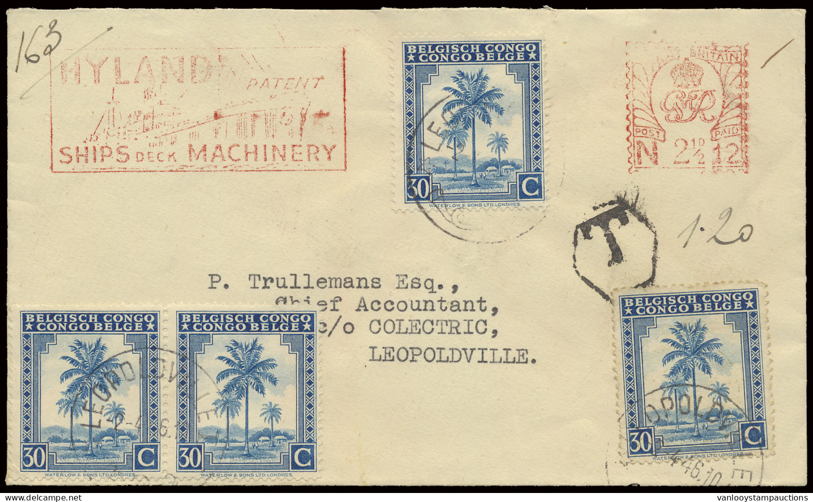 1946, Cover Insufficiently Franked Sent From Wakefield / Great Britain To Leopoldville / Belgian Congo. British Mark T F - Other & Unclassified