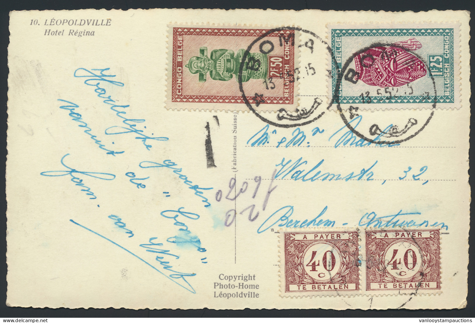 1952 Picture Postcard, Franked With OBP N° 286 And 288 1,25fr. And 2,50fr. - Masks Issue, Sent From Boma To Antwerp/Belg - Otros & Sin Clasificación