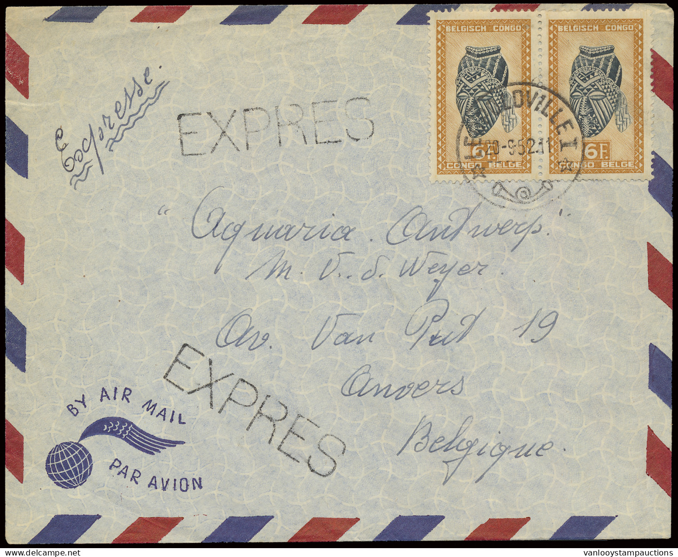 1952 EXPRES Airmail Cover, Franked N° 291 (OBP) (horizontal Pair) 6fr. Masks Issue, Sent From Leopoldville 1 To Anvers/B - Autres & Non Classés