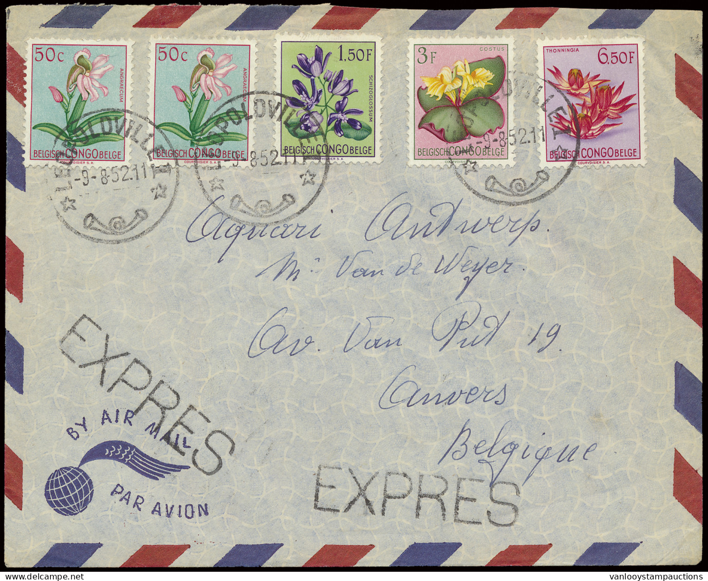 1952 Expres Airmail Cover, Franked With OBP N° 307 (2x), 312, 314 And 317 50c., 1,50Fr., 3Fr., And 6,50Fr. - Flowers Iss - Autres & Non Classés