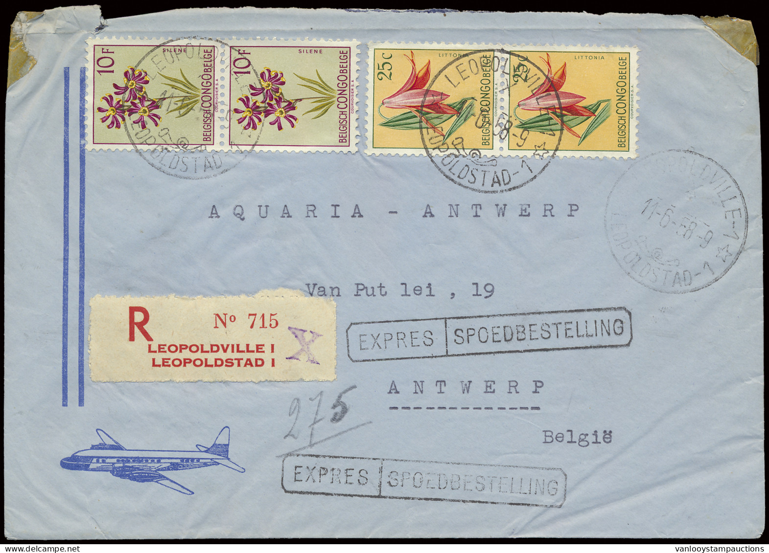 1958, Expres Registered Airmail Cover, Franked With OBP N° 305 (2x) And 320 (2x) 25c. And 10Fr. Flowers Issue, Sent From - Autres & Non Classés