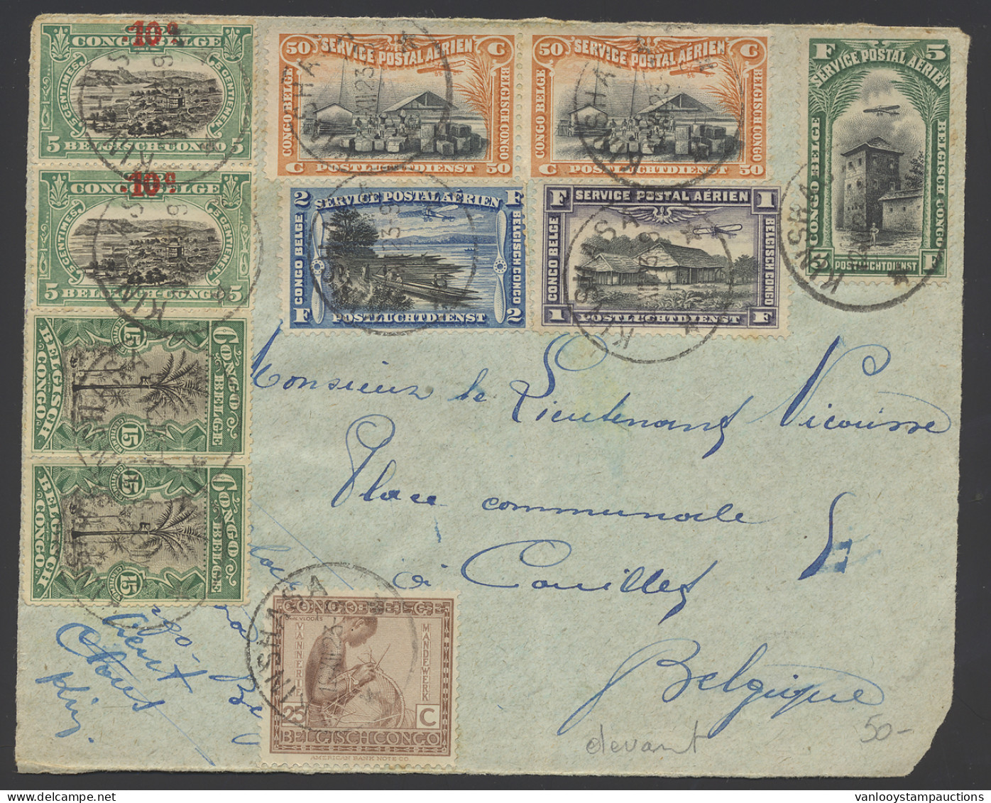 1923, Airmail Cover (front Only), Franked With OBP N° 66 (2x), 96 (2x), 110, PA1 (2x), PA2/PA4, Sent From Kinshasa Decem - Autres & Non Classés