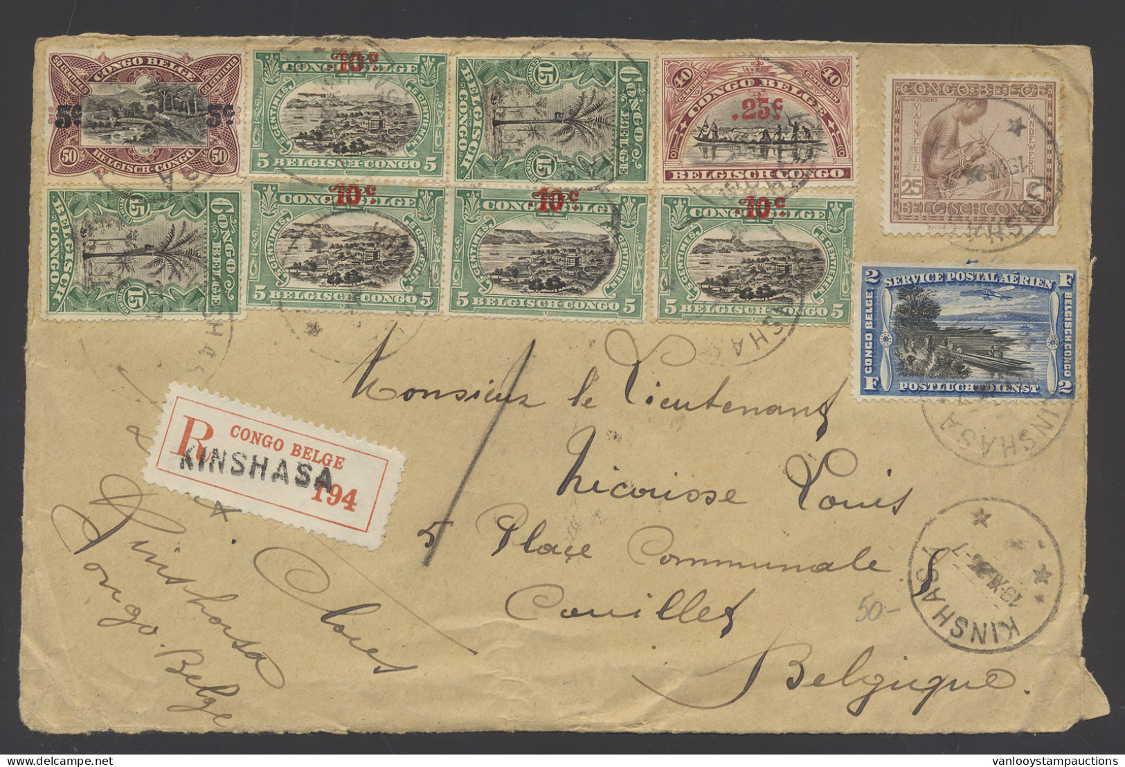 1924, Registered Airmail Cover (front Only), Franked With OBP N° 66 (2x), 95, 96 (4x), 97, 110 And PA3, Sent From Kinsha - Autres & Non Classés