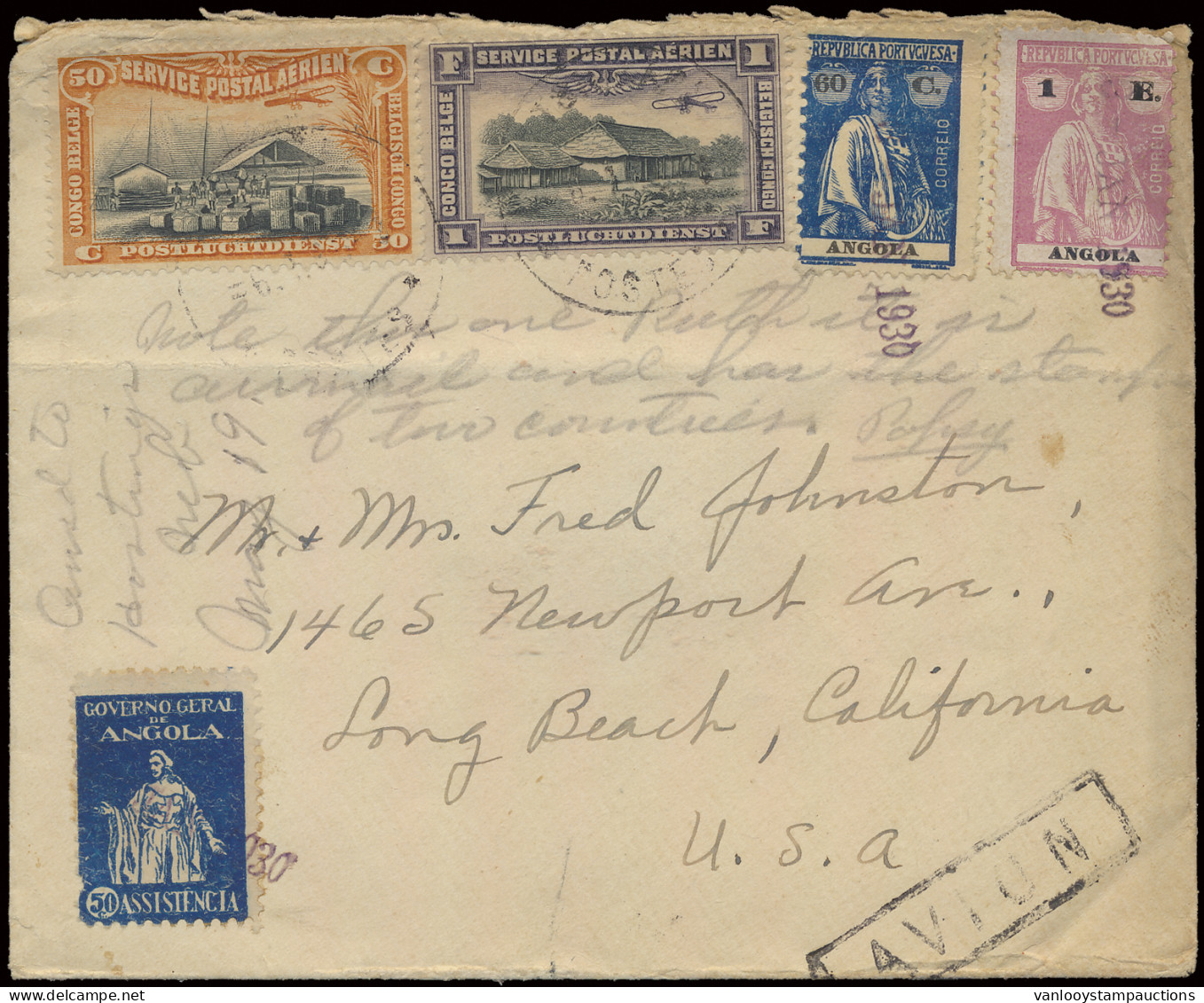 1930, Mixed Franking Angola And Belgian Congo, Airmail Cover, Franked With Yvert N° 218, 220, 231 And OBP N° PA1/2, Sent - Sonstige & Ohne Zuordnung